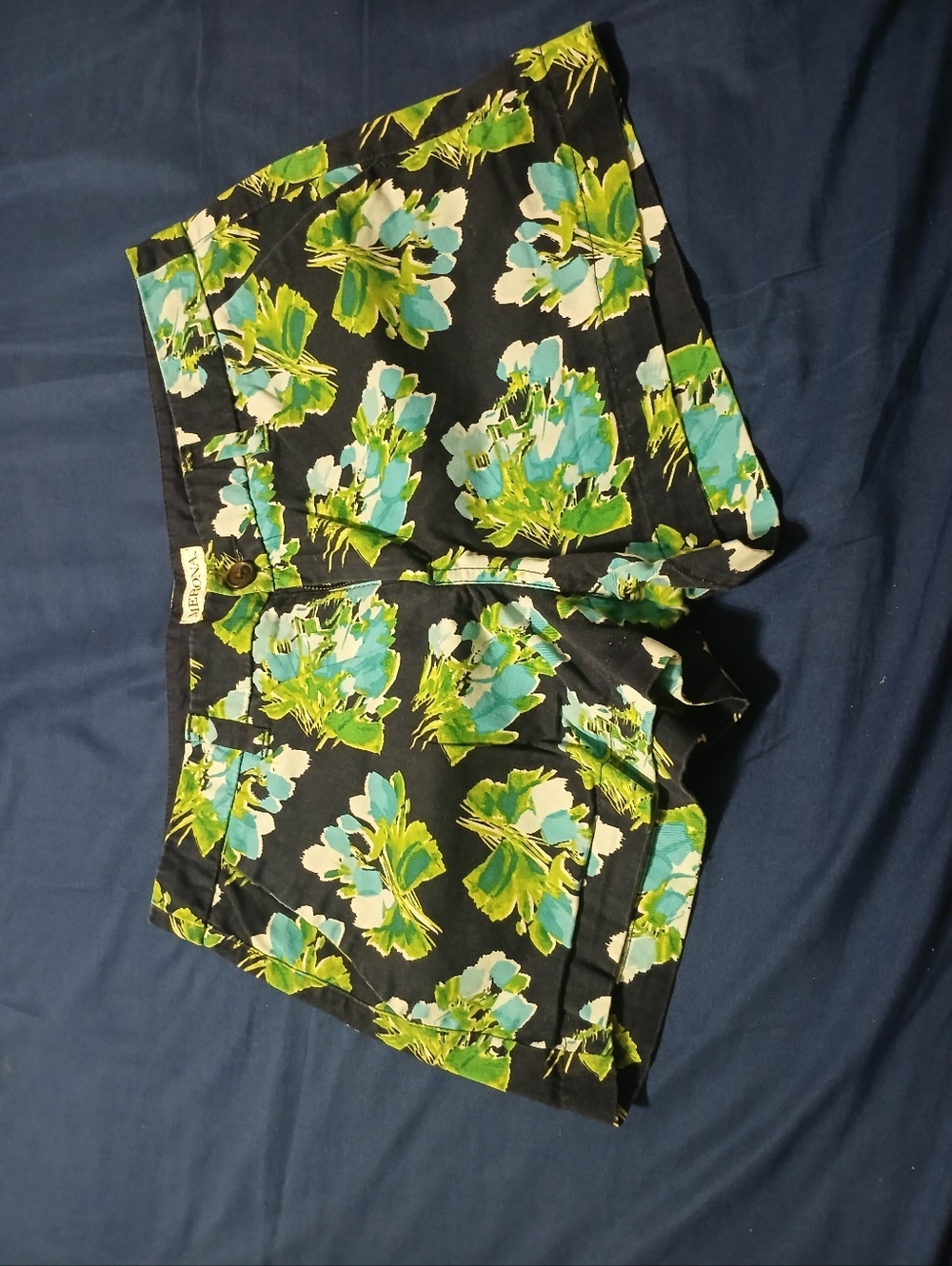 Merona Black Floral Jean Shorts with Green & Teal Blooms